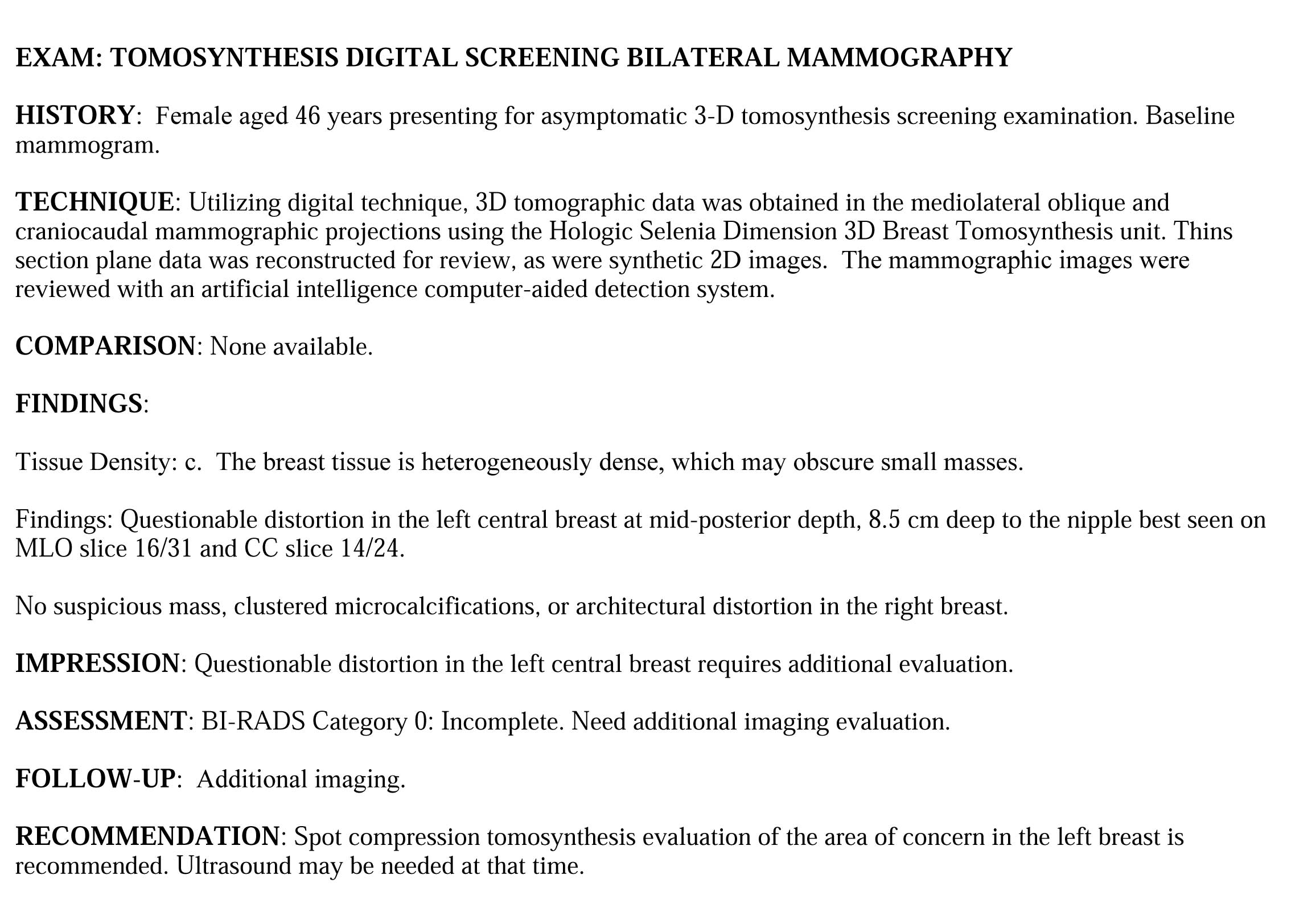 Architectural distortion mammogram report